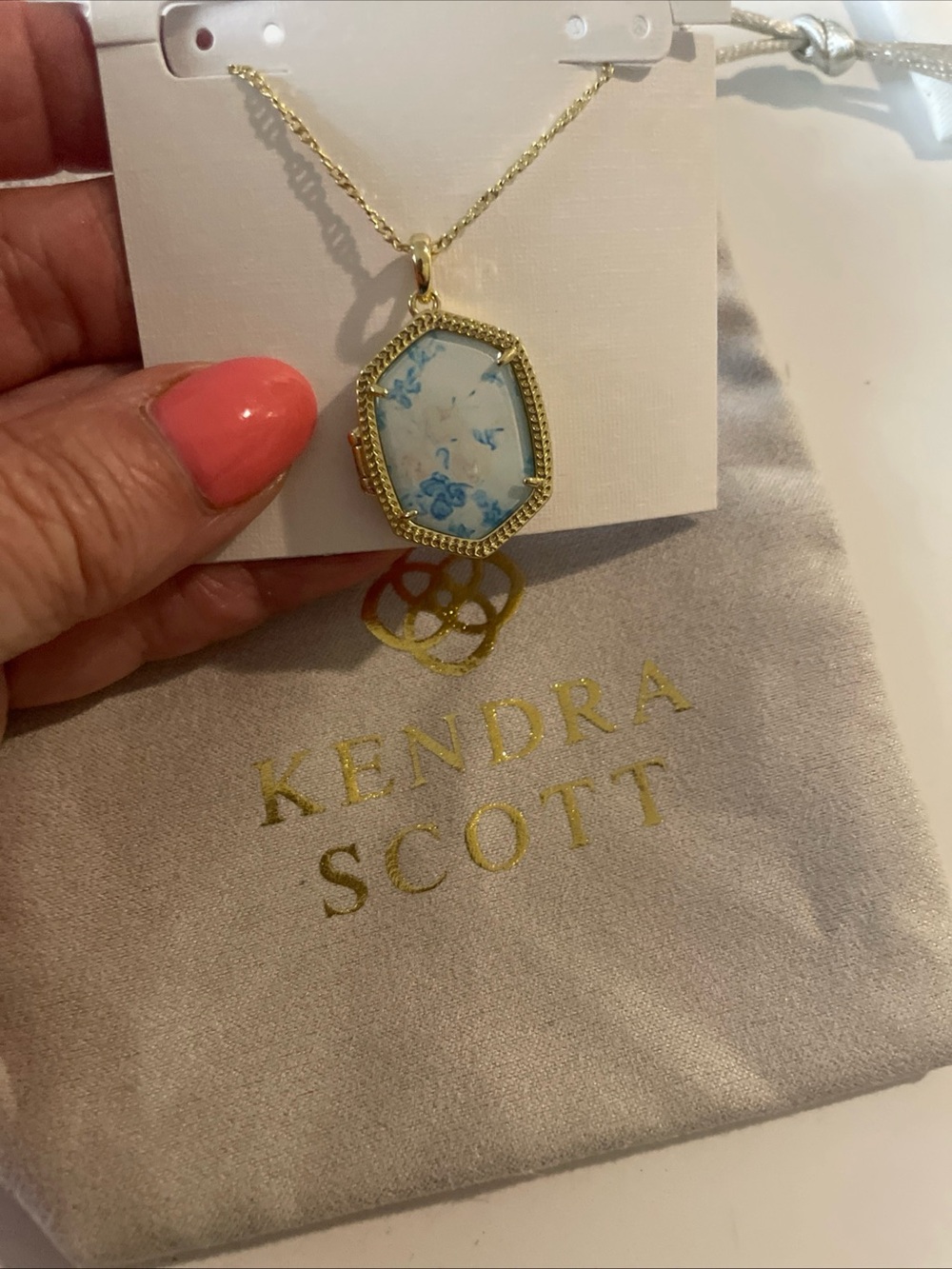 Kendra Scott Gold Pendant Locket Necklace with Blue-White Stone